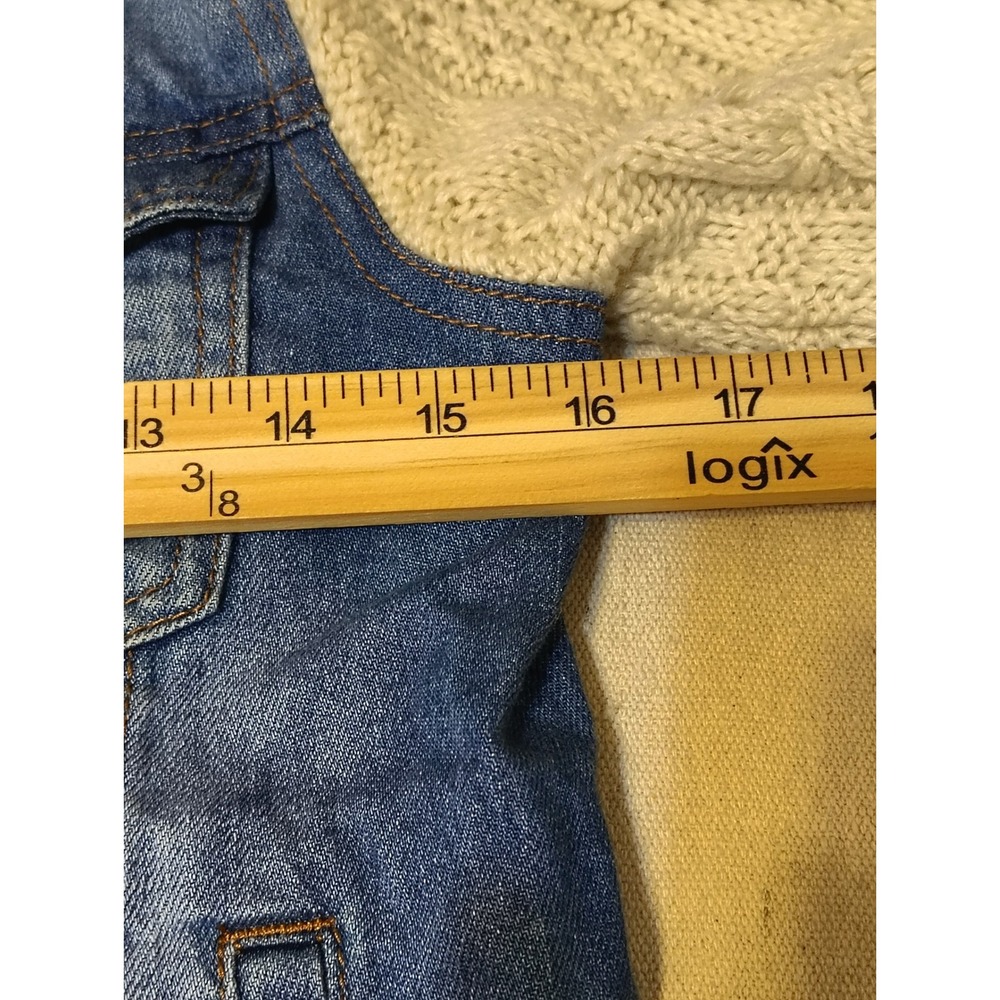 Forever 21 Denim Jacket Cream Knit Sleeve Combo Trucker Style Blue - Picture 4 of 8